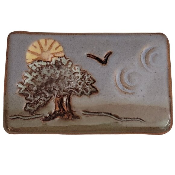 Artisan Clay Pottery Enamel Tree Scene Brooch Pin, Signed M704 - Picture 2 of 8